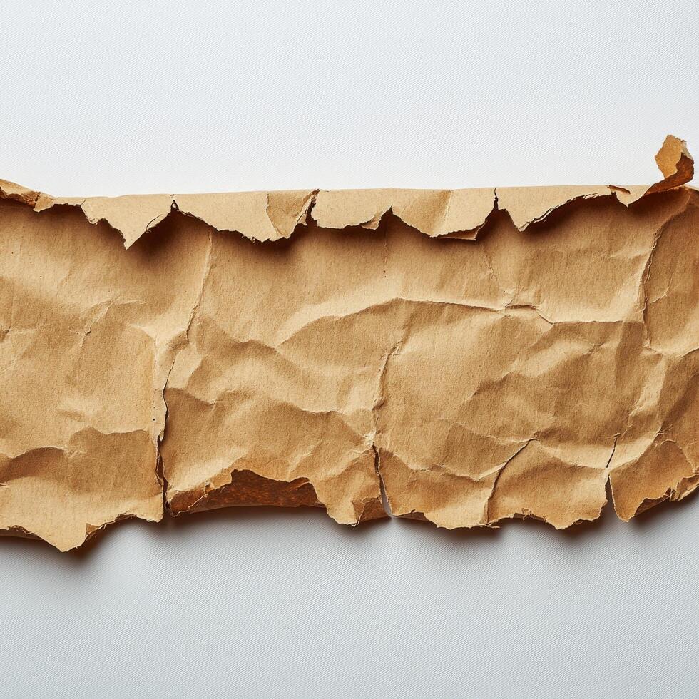 A vintage piece of torn brown paper with rugged edges and crumpled texture lying flat photo