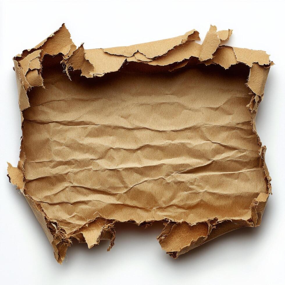 A vintage piece of torn brown paper with rugged edges and crumpled texture lying flat photo