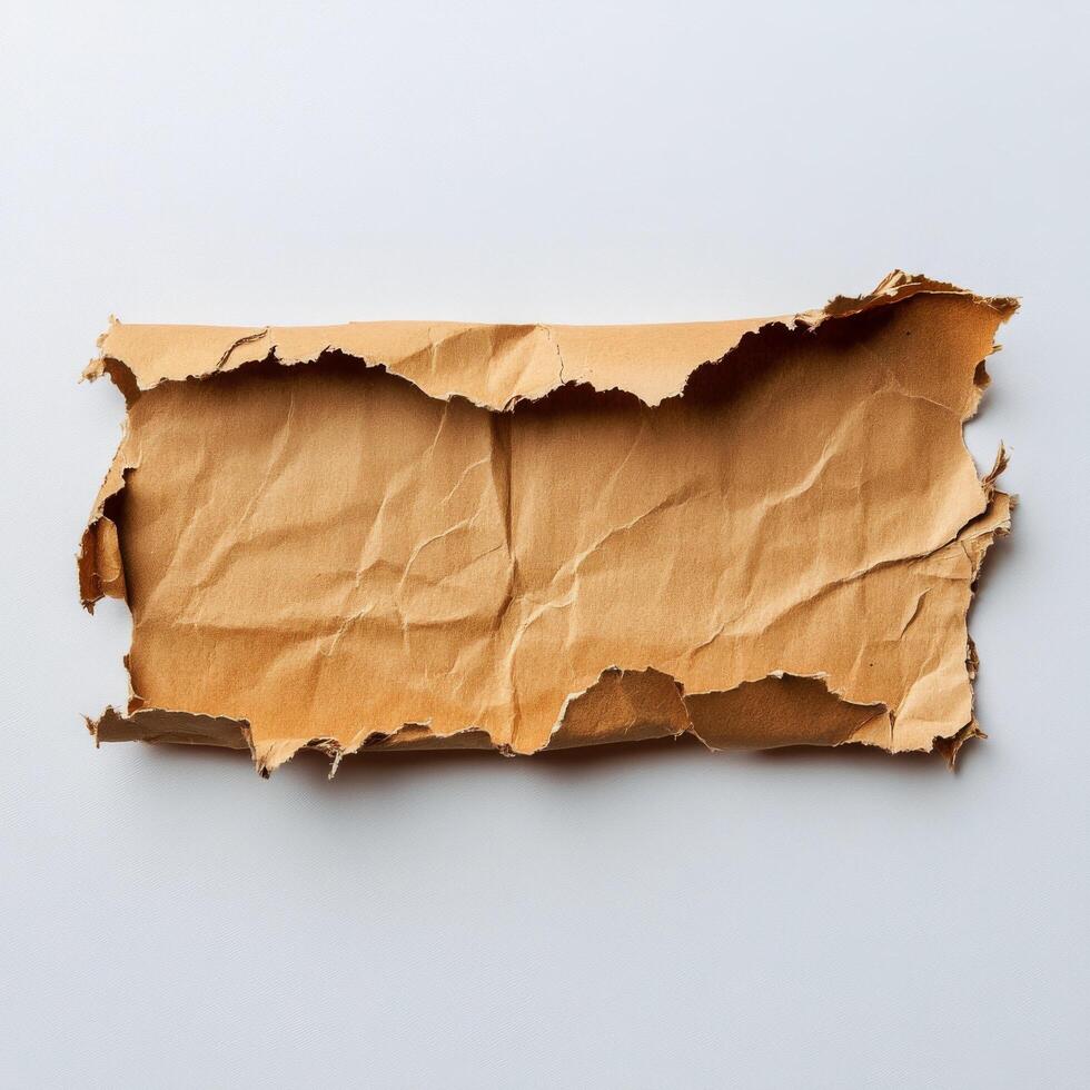 A vintage piece of torn brown paper with rugged edges and crumpled texture lying flat photo