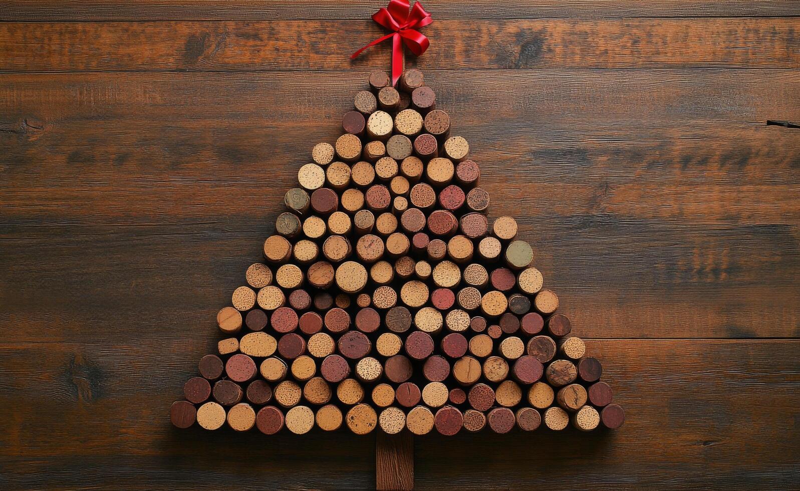 Creative Christmas tree made of wine corks arranged on a wooden background with a festive bow photo