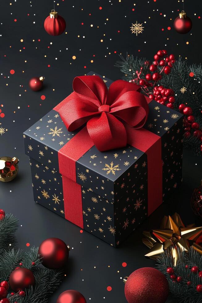 Elegant Christmas gift wrapped in dark paper with gold accents, surrounded by festive decorations photo