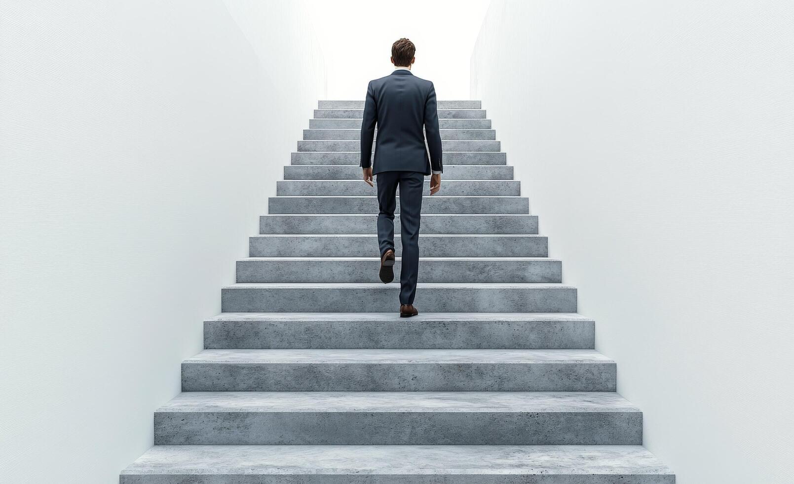 A man in a suit ascends a modern staircase in a minimalist indoor space during the day photo