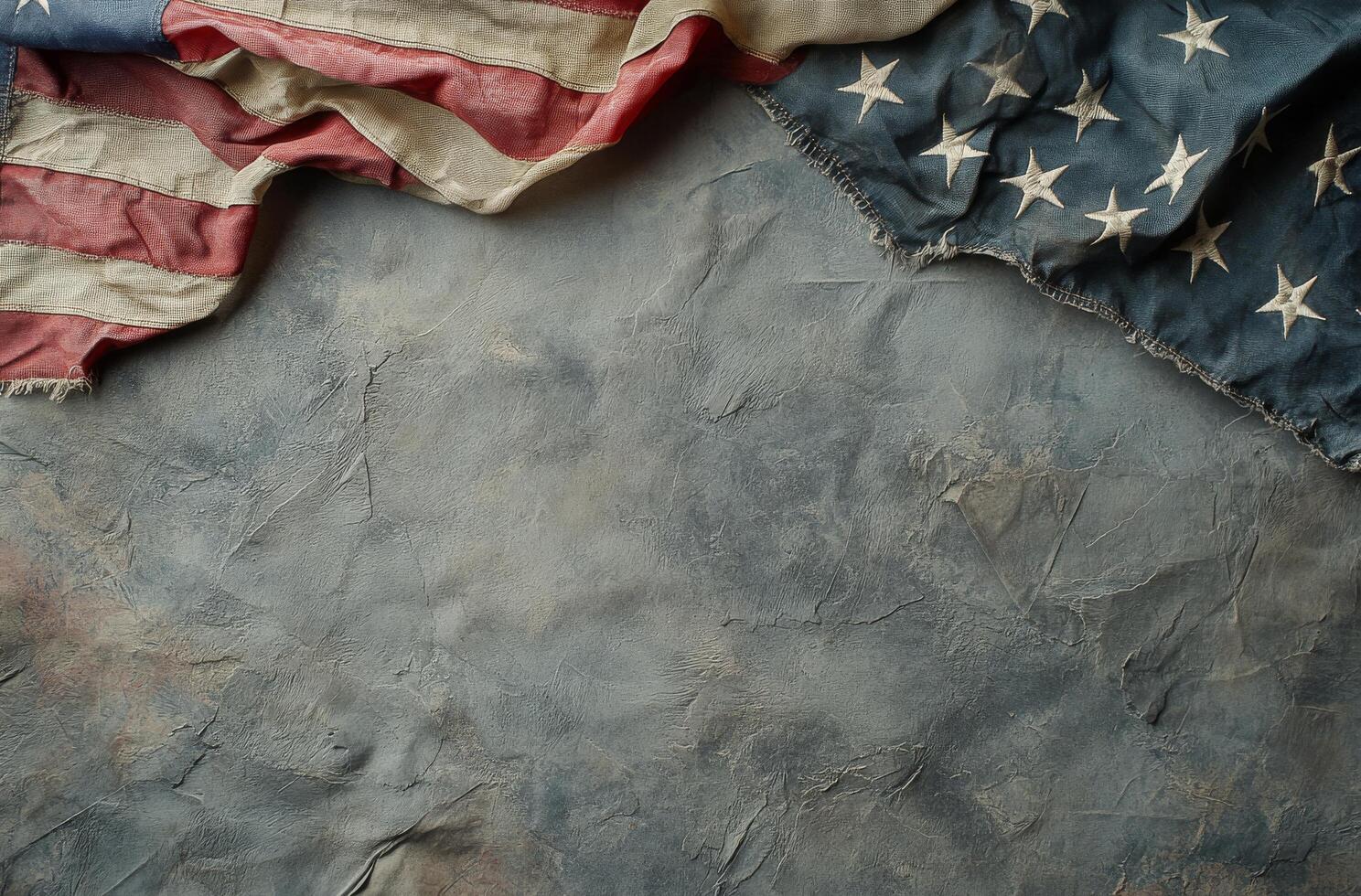 Tattered American flag displaying faded stars and worn fabric against a dark background photo