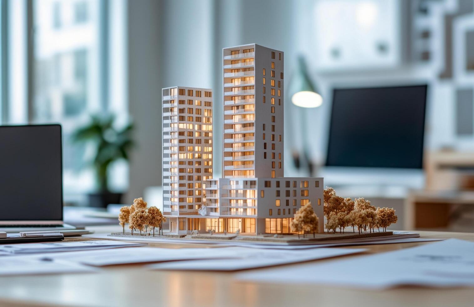 Architectural model of modern apartment buildings displayed on a desk in a design studio photo