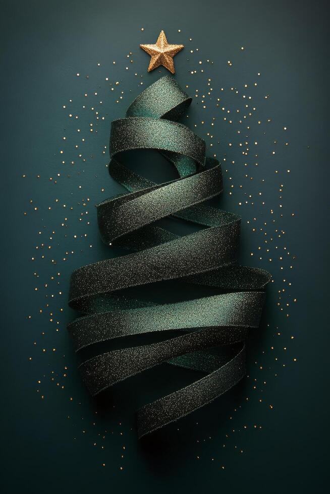 Decorative green ribbon spirals into a Christmas tree shape adorned with golden stars and glitter photo