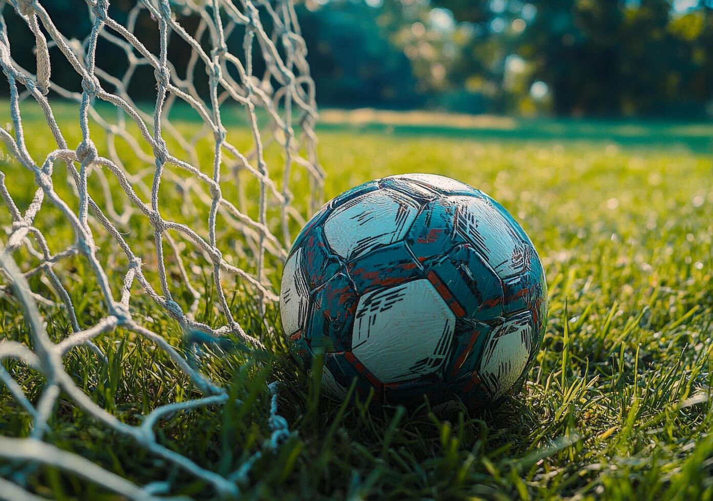 A close up view of a soccer ball on green grass in a well maintained sports field during daytime photo