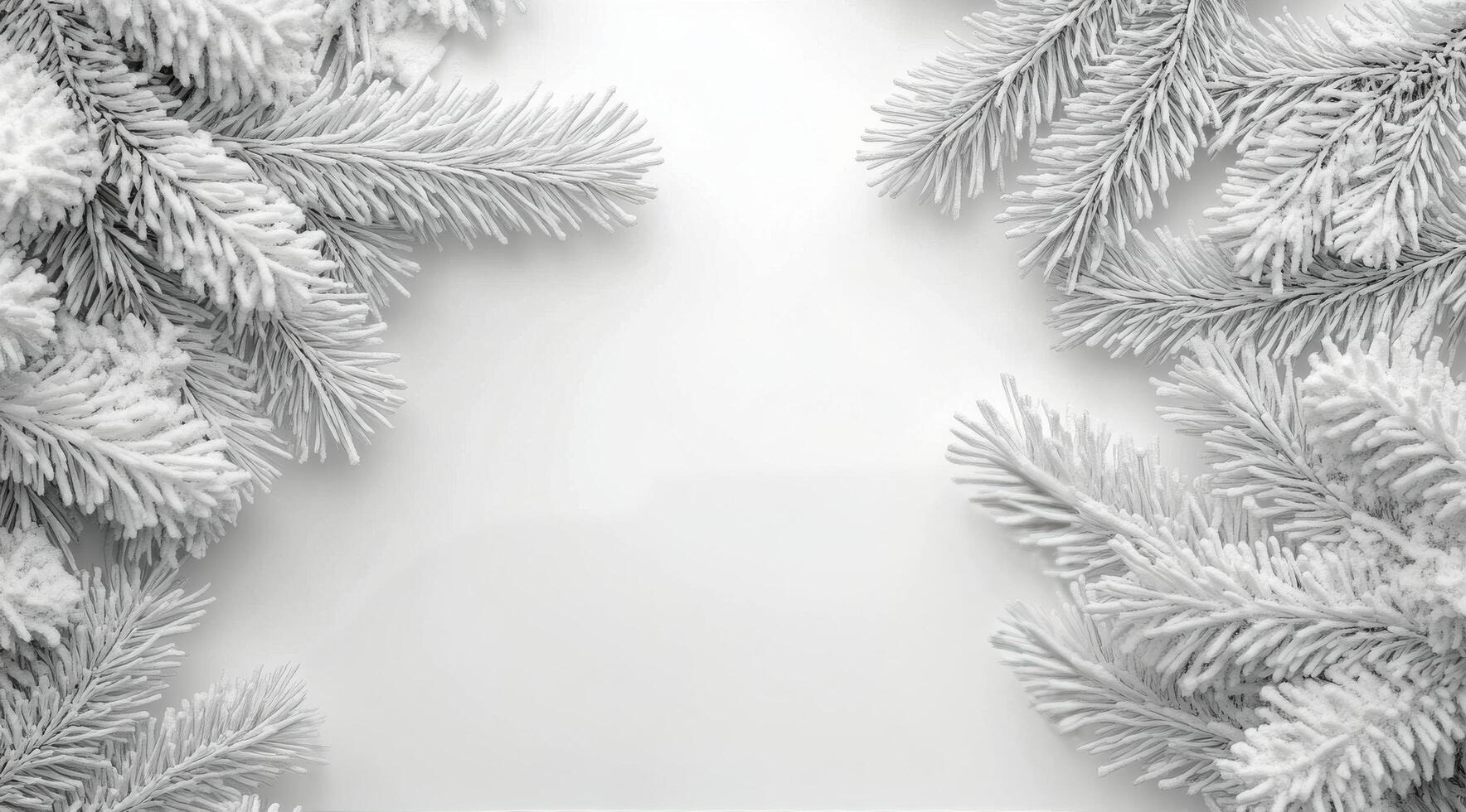 Snowy forest landscape with frosted pine branches and cones during winter season photo
