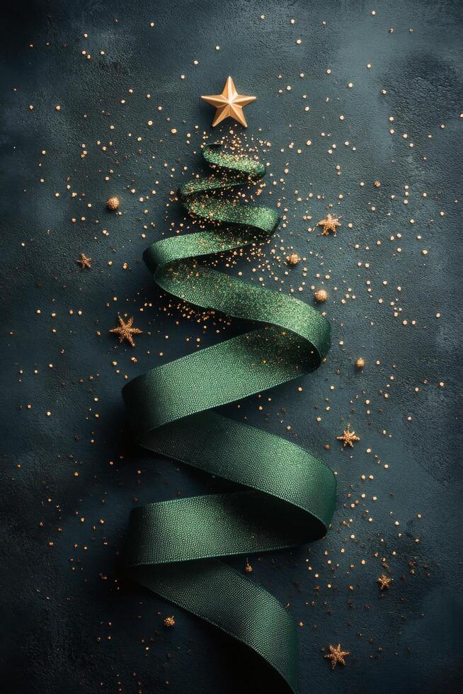Decorative green ribbon spirals into a Christmas tree shape adorned with golden stars and glitter photo