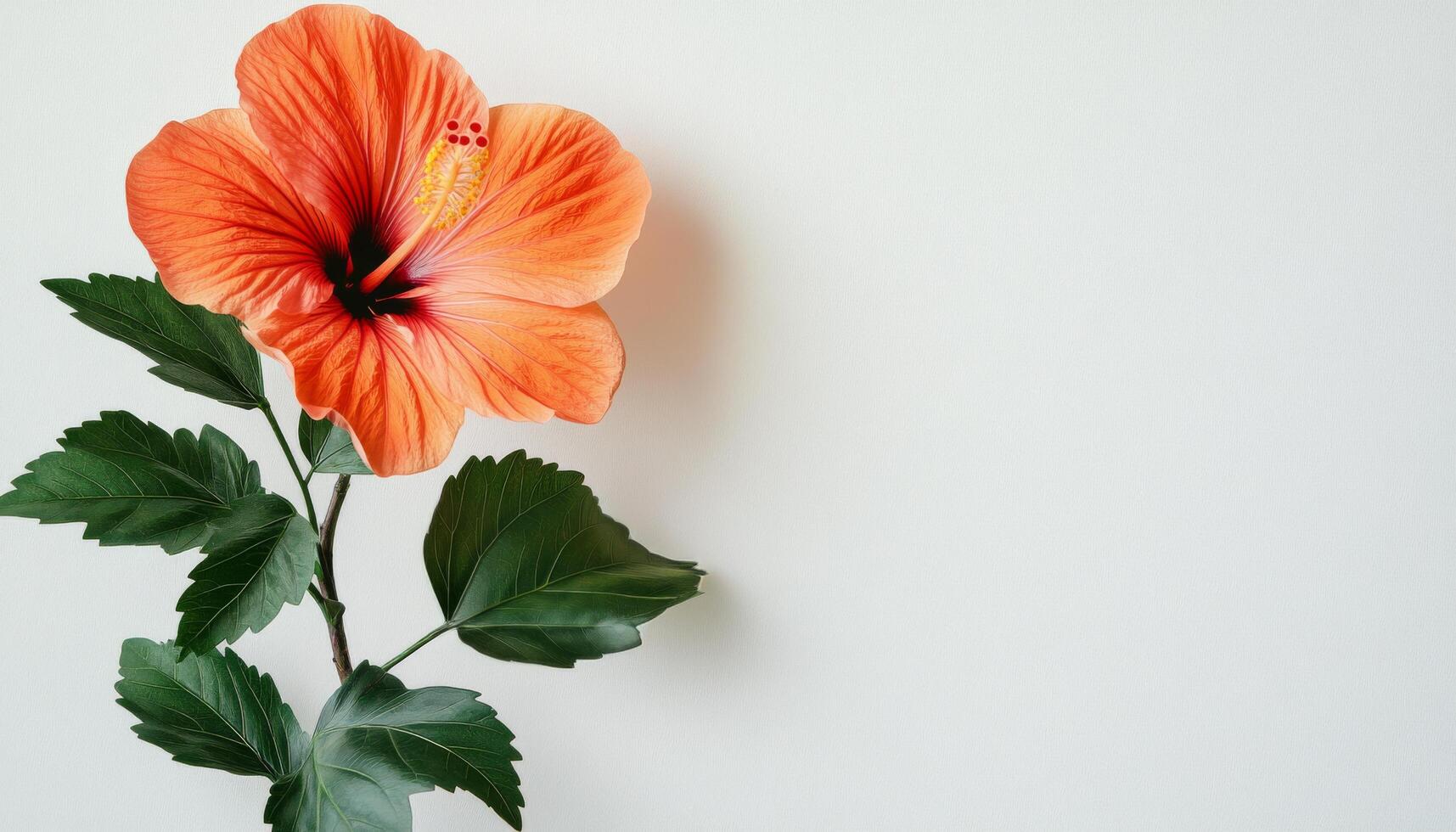 Vibrant orange hibiscus bloom with lush green leaves against a soft neutral background photo
