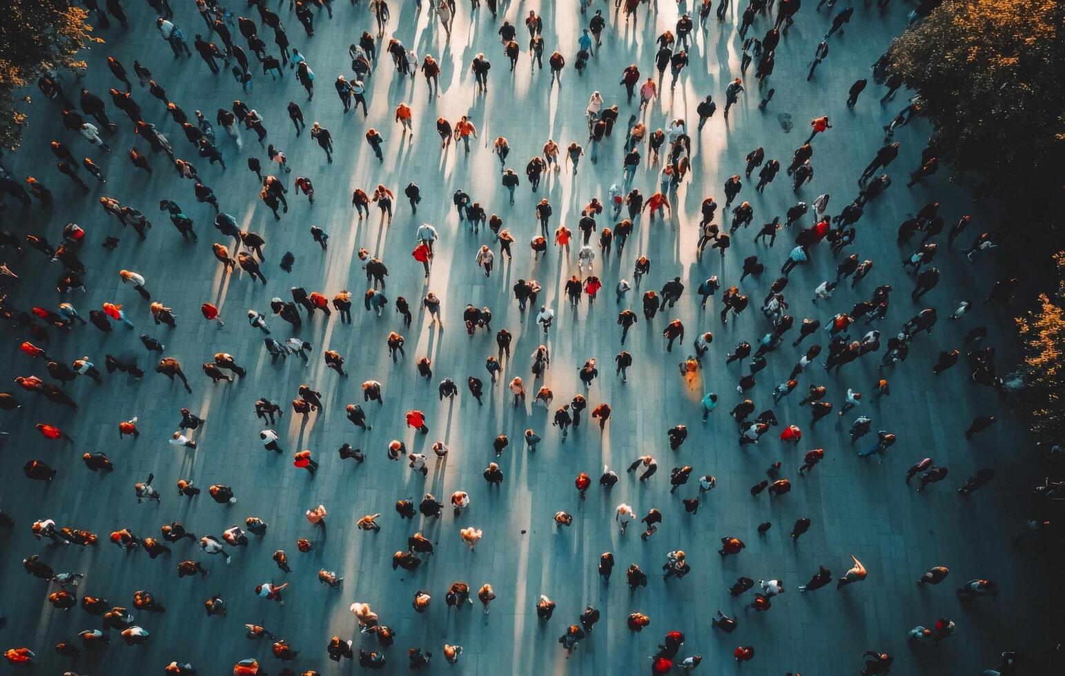 Crowd moving leisurely in a bustling urban plaza under the warm afternoon sunlight photo