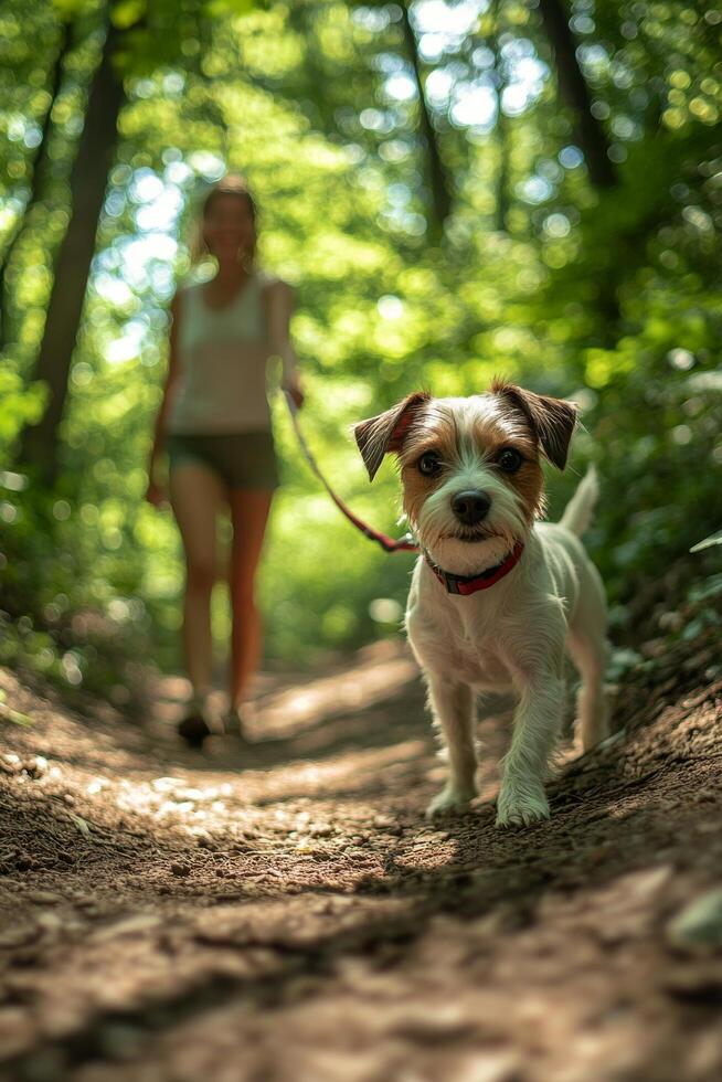 Woman walking a playful dog on a lush trail surrounded by greenery in early afternoon light photo