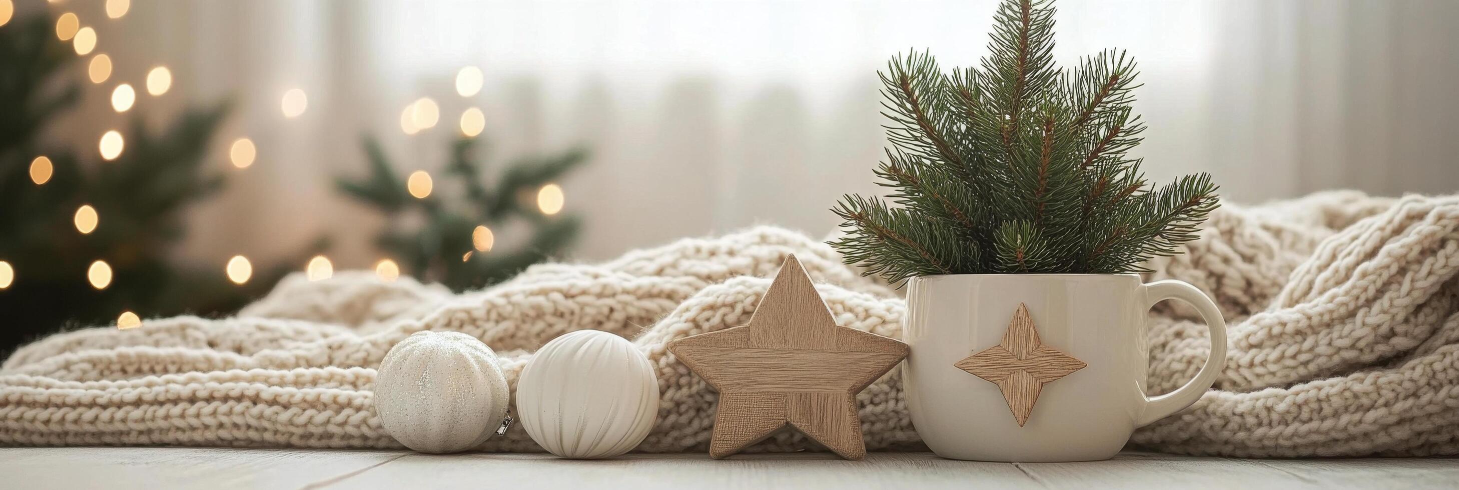 A cozy winter setting with a decorated mug and small evergreen plants on a soft blanket photo