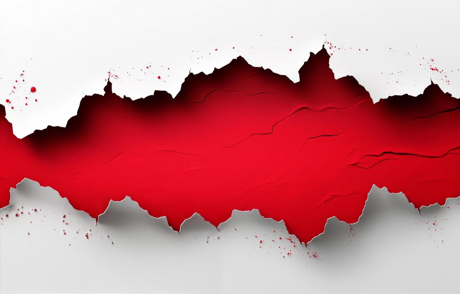 Frayed red paper tearing to reveal a white background with splattered paint effects photo