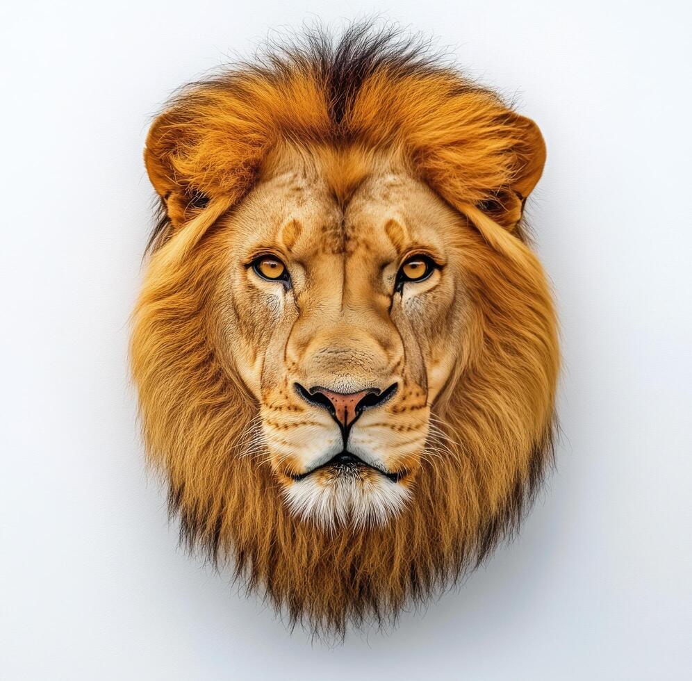 Majestic lion gazing directly at the camera against a plain background during daylight photo