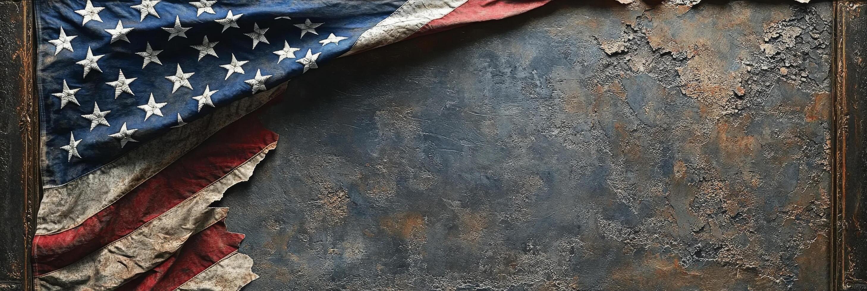 Worn American flag draped over a textured surface, symbolizing patriotism and history photo