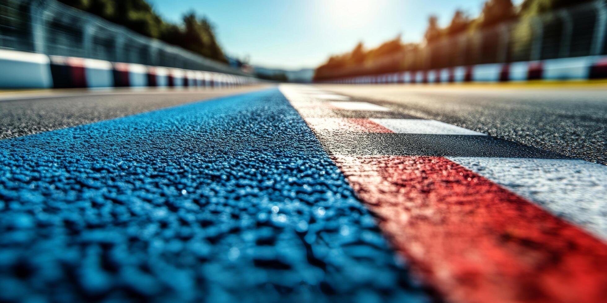 Racetrack view capturing the colorful start line and surrounding trees under bright daylight photo