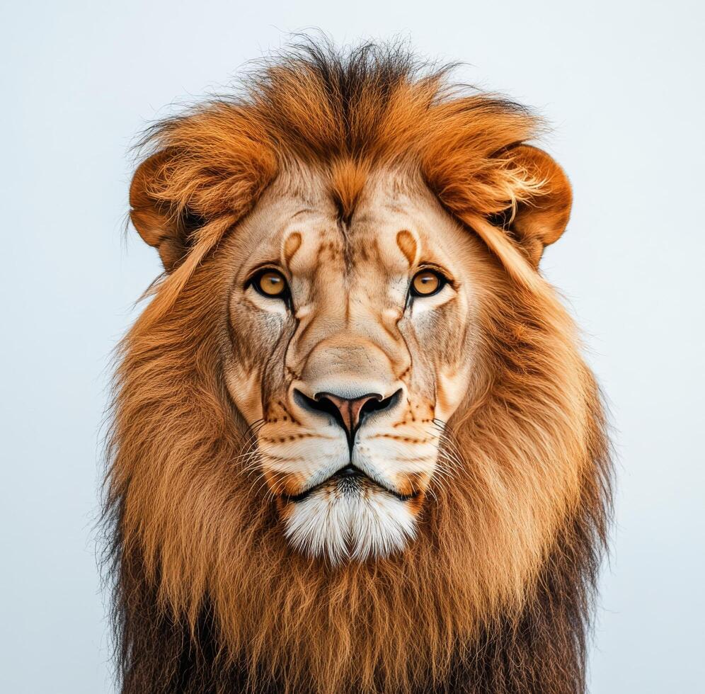 Majestic lion gazing directly at the camera against a plain background during daylight photo