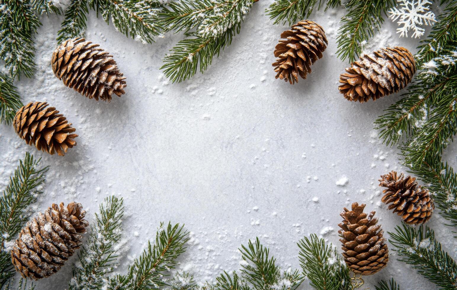 Snow dusted pinecones and evergreen branches create a winter themed border on a white background photo