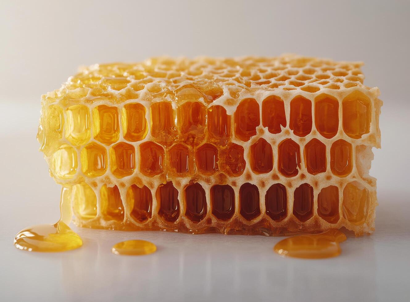 Fresh honeycomb and dripping honey displayed on a clean surface showcasing natural sweetness photo