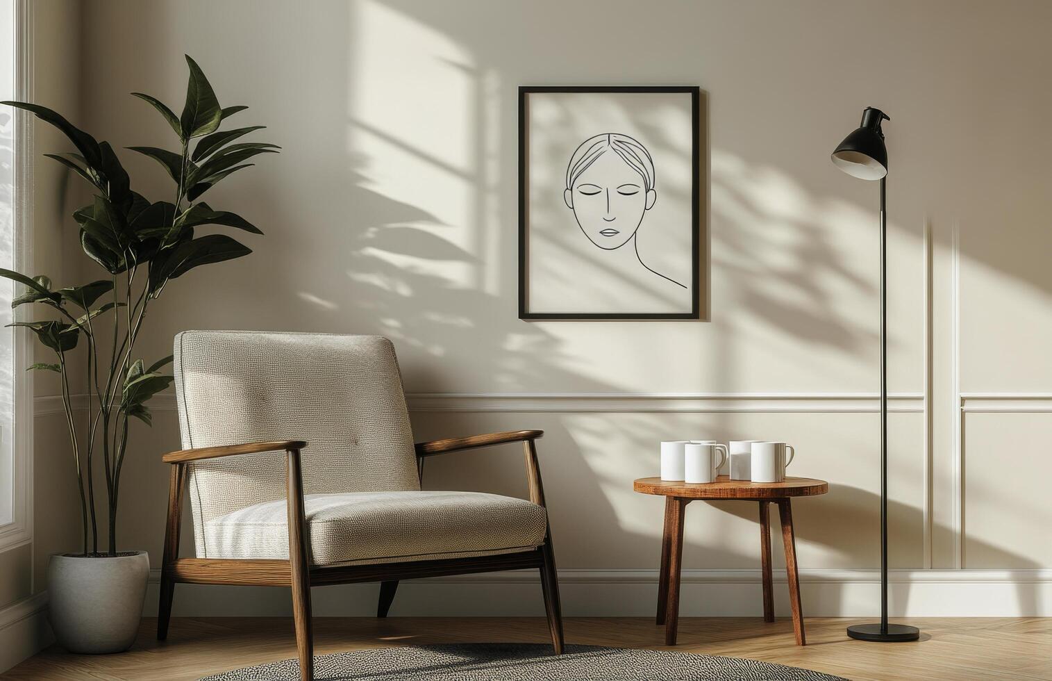 A cozy interior featuring a minimalist armchair, a stylish lamp, and a serene wall art piece photo