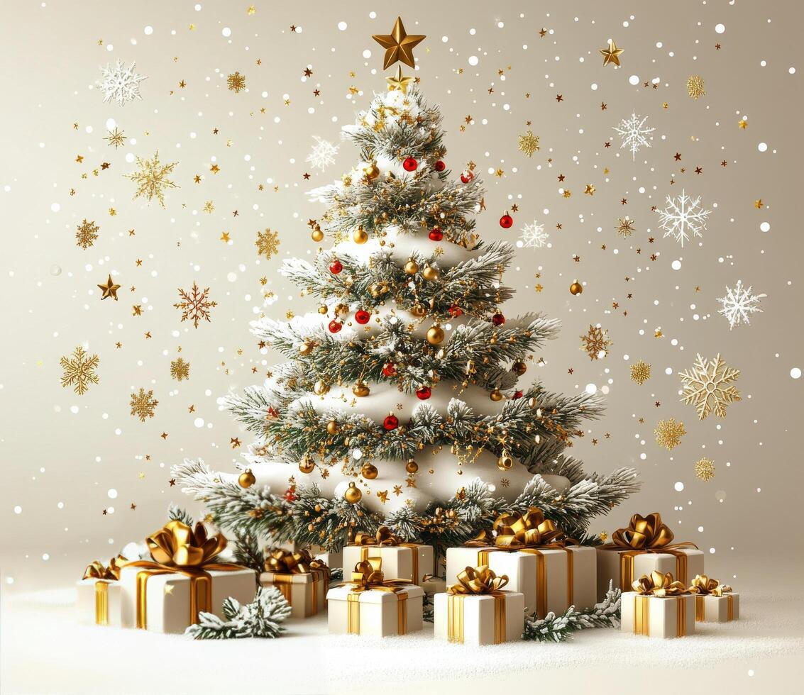 Festively decorated Christmas tree adorned with gifts and shimmering snowflakes in winter ambiance photo