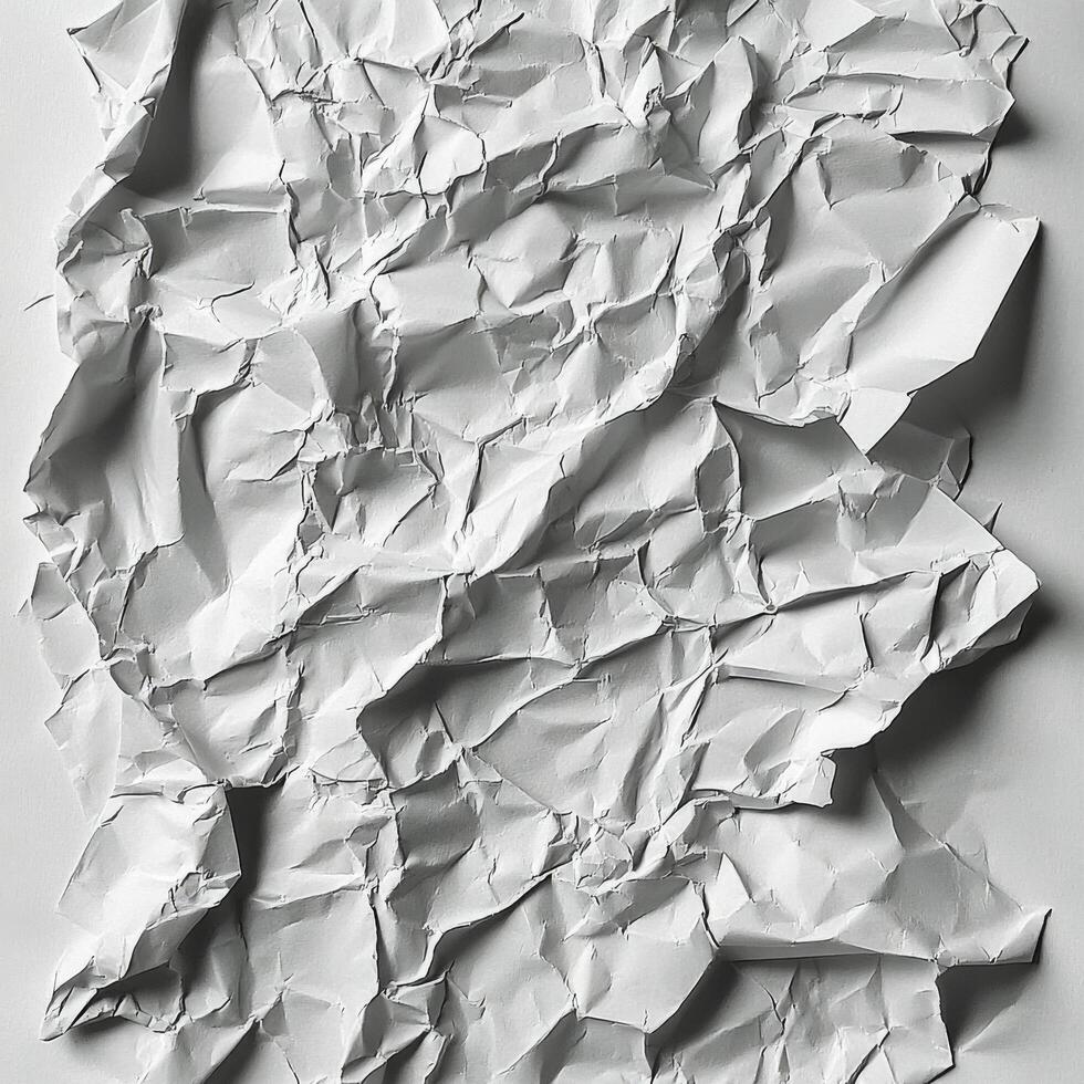 Crumpled white paper highlighting texture and folds in a minimalistic design concept photo