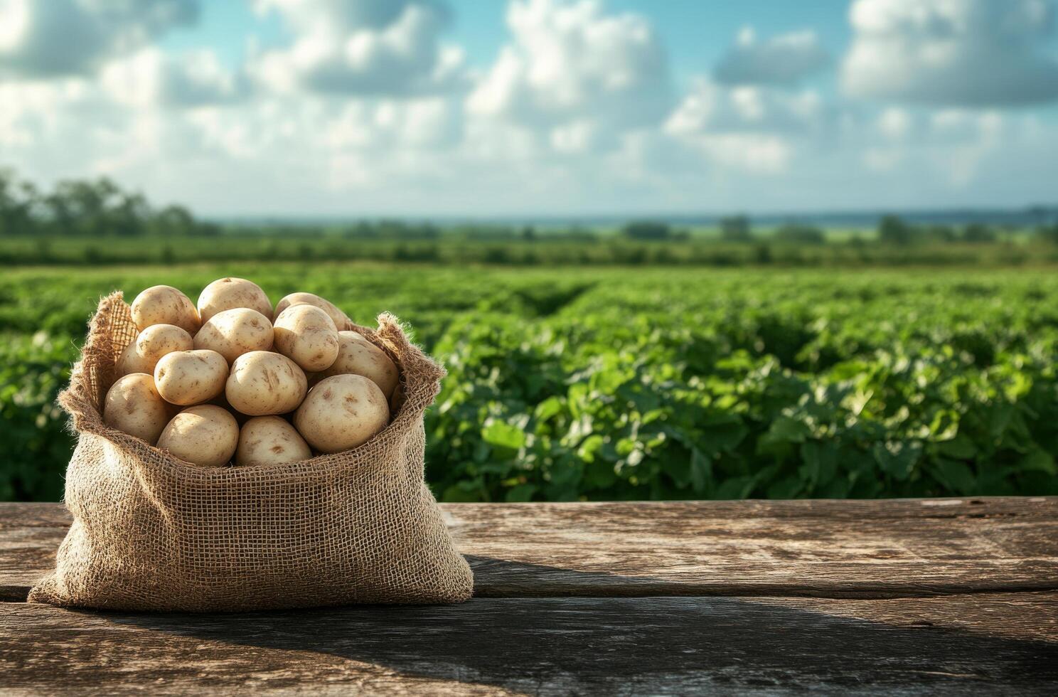 Freshly harvested potatoes in a burlap sack on a wooden table overlooking a lush green field photo