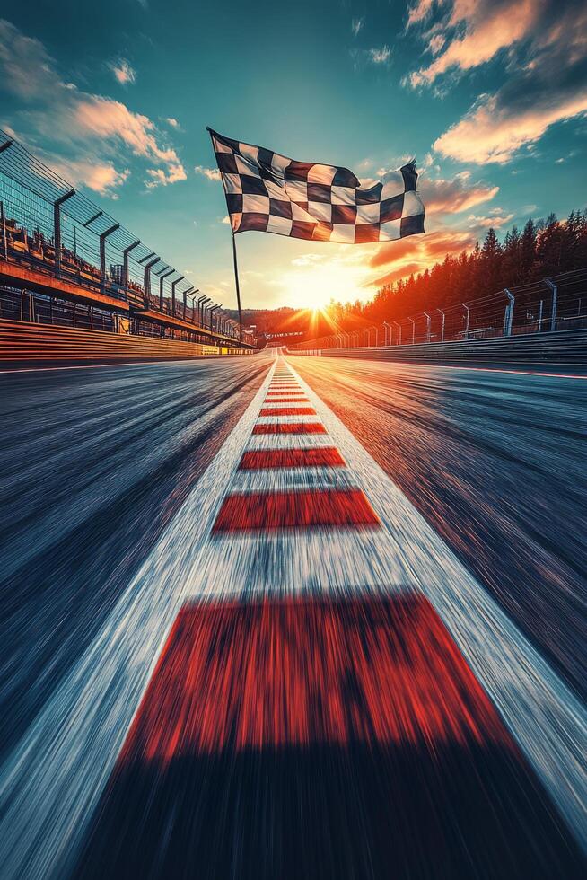 Racing flag waves over the finish line at a motorsport circuit under a bright sun photo