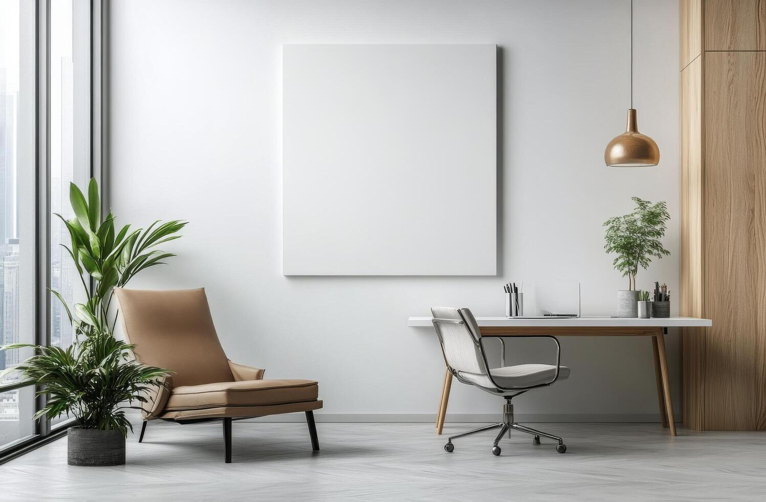 Modern office space featuring a minimalist design with a blank canvas on the wall photo
