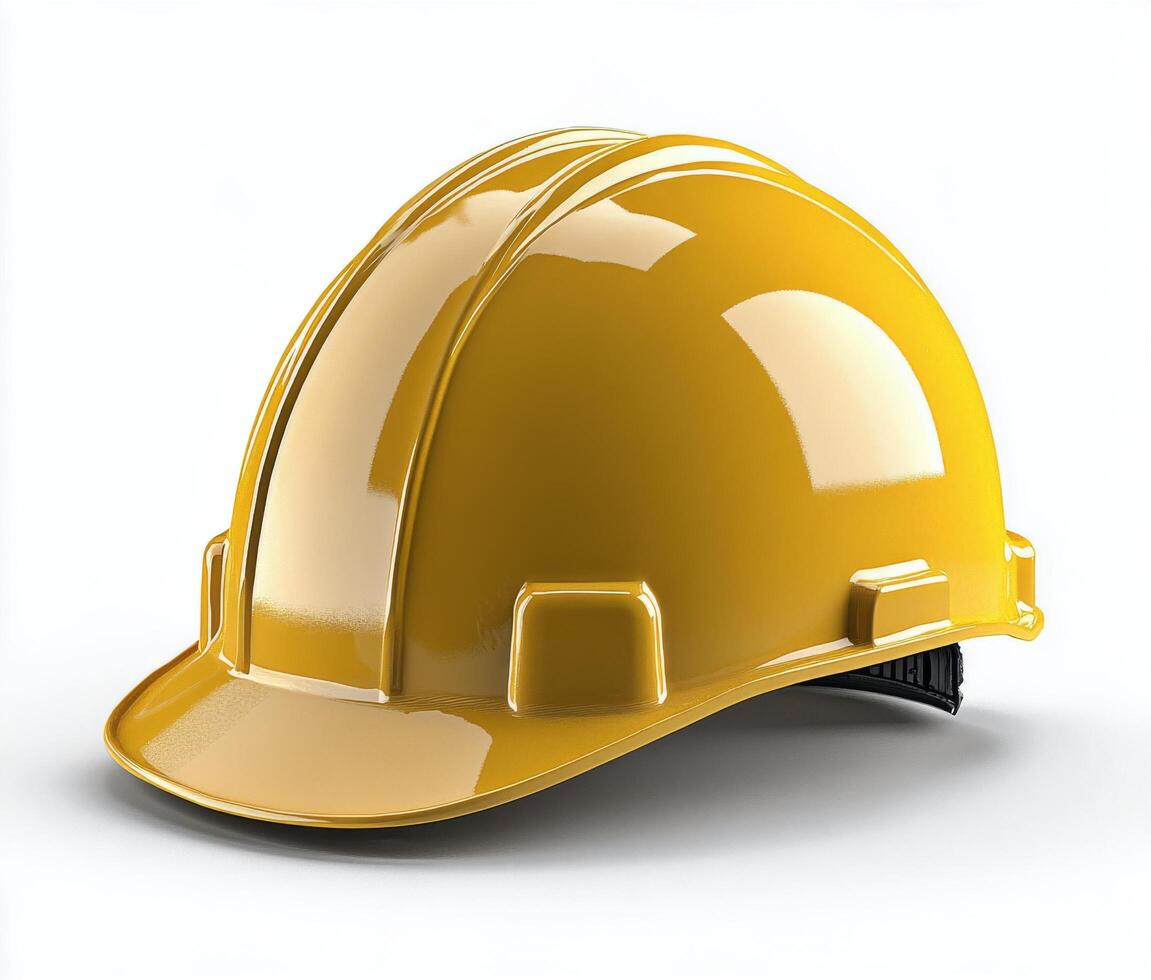 A yellow hard hat resting on a flat surface in a well lit indoor setting photo