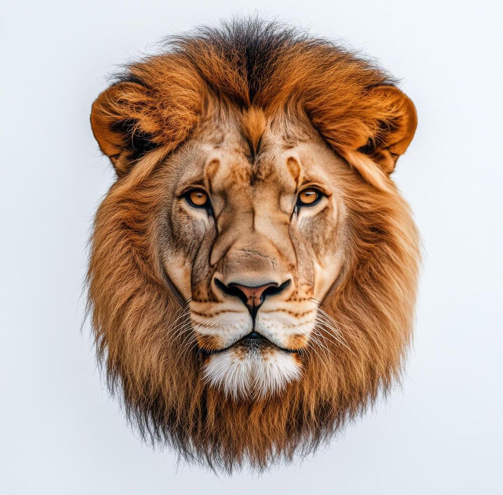 Majestic lion gazing directly at the camera against a plain background during daylight photo