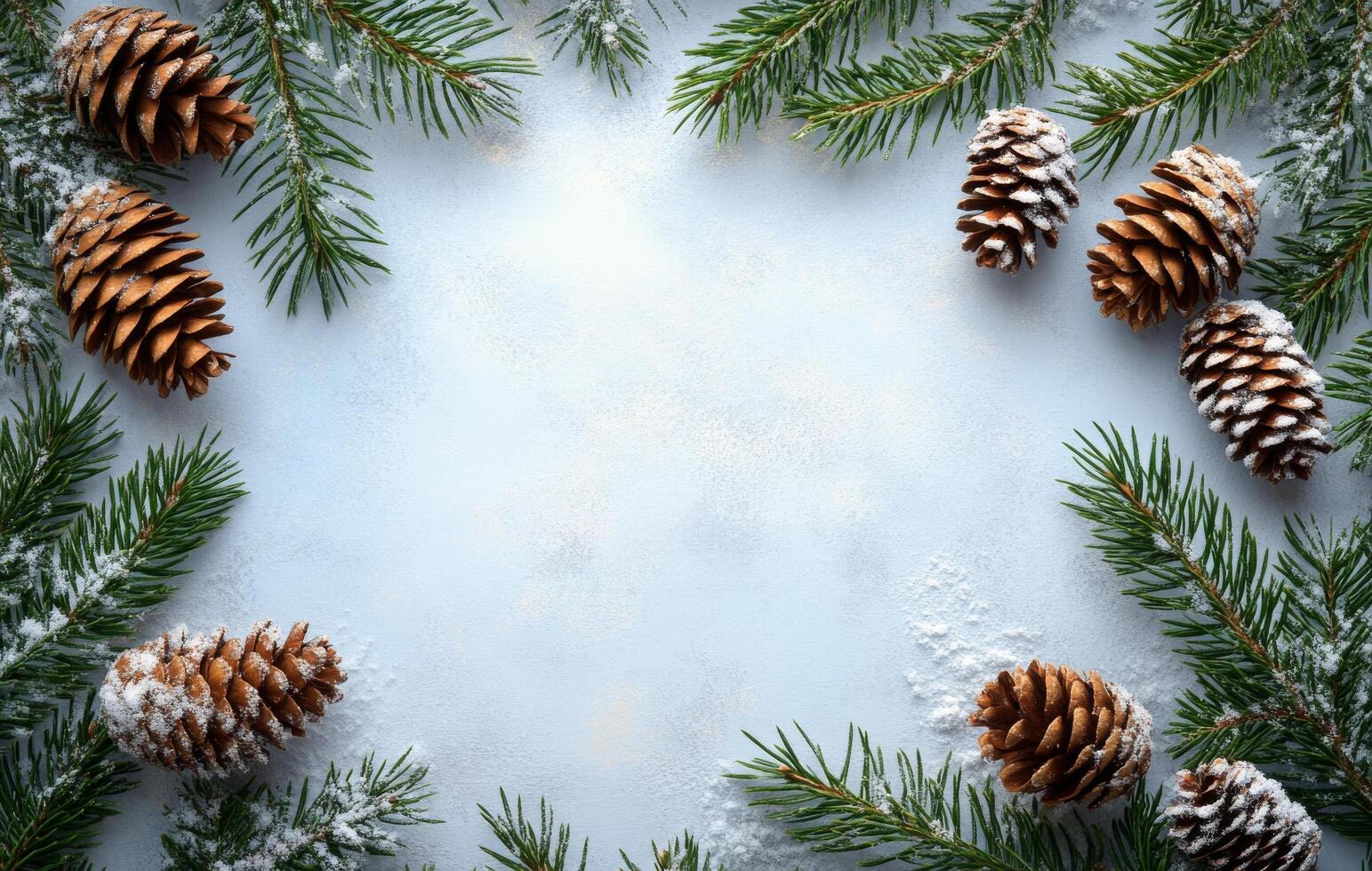 Snow dusted pinecones and evergreen branches create a winter themed border on a white background photo