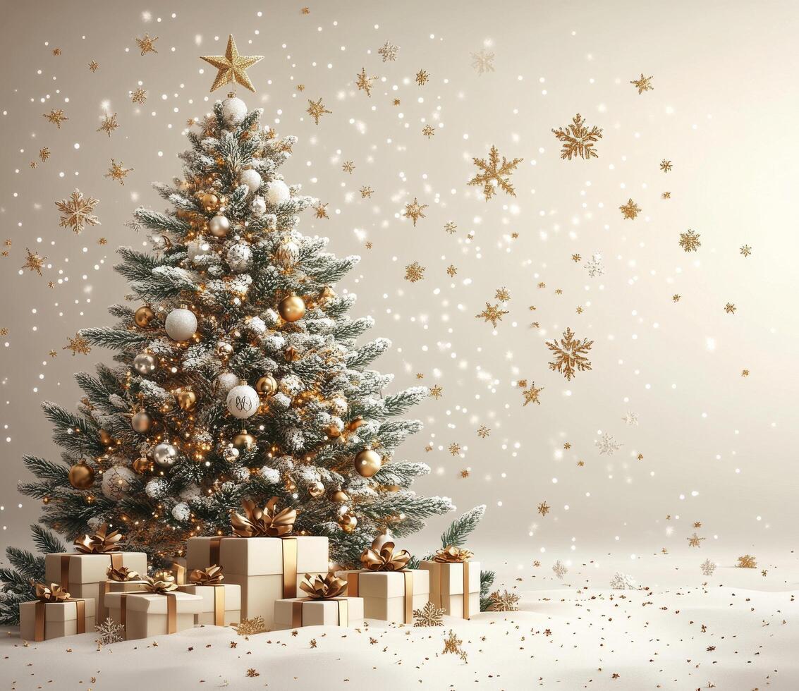 Festively decorated Christmas tree adorned with gifts and shimmering snowflakes in winter ambiance photo