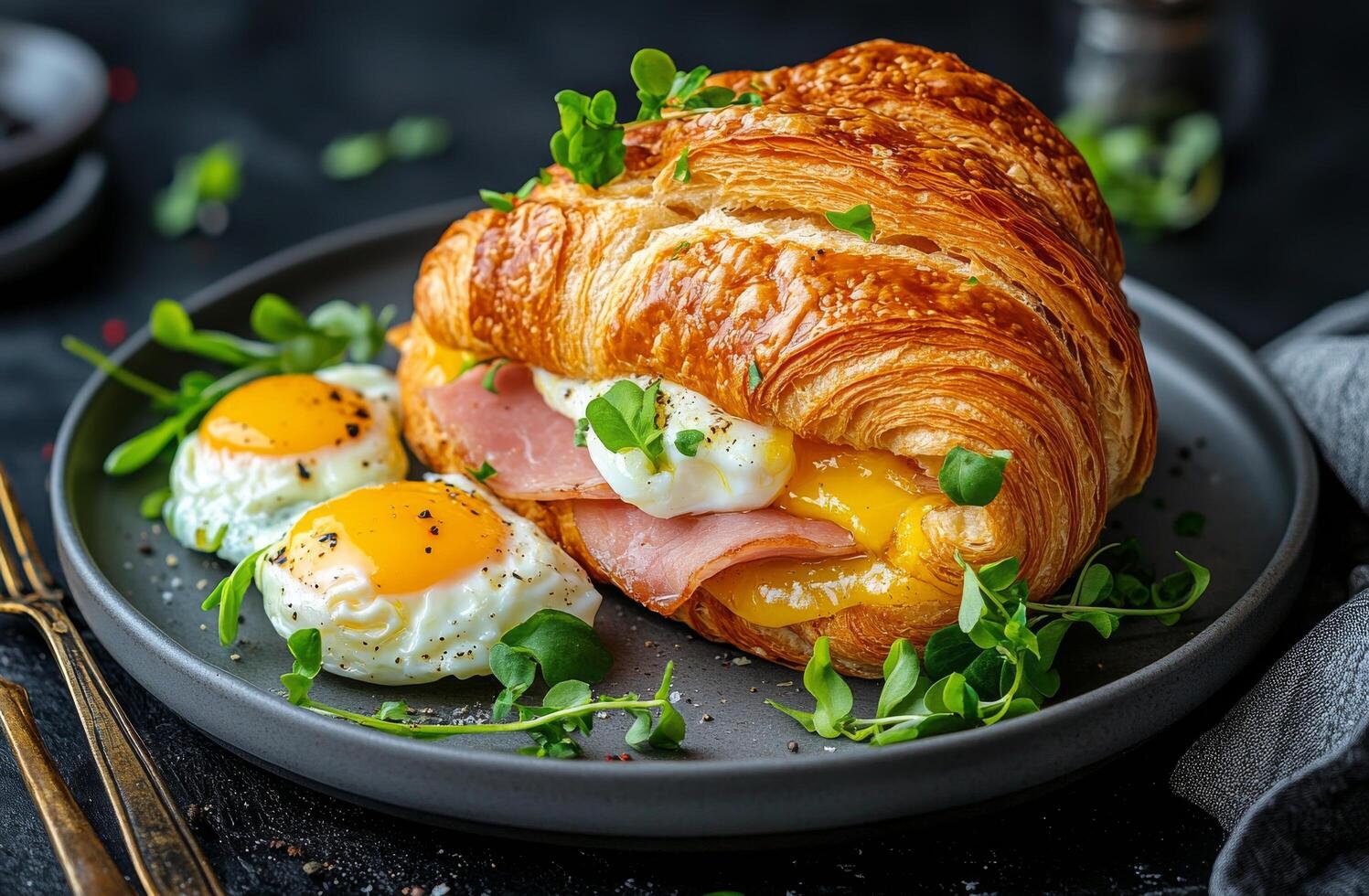 Delicious croissant sandwich with ham and cheese served alongside fried eggs photo