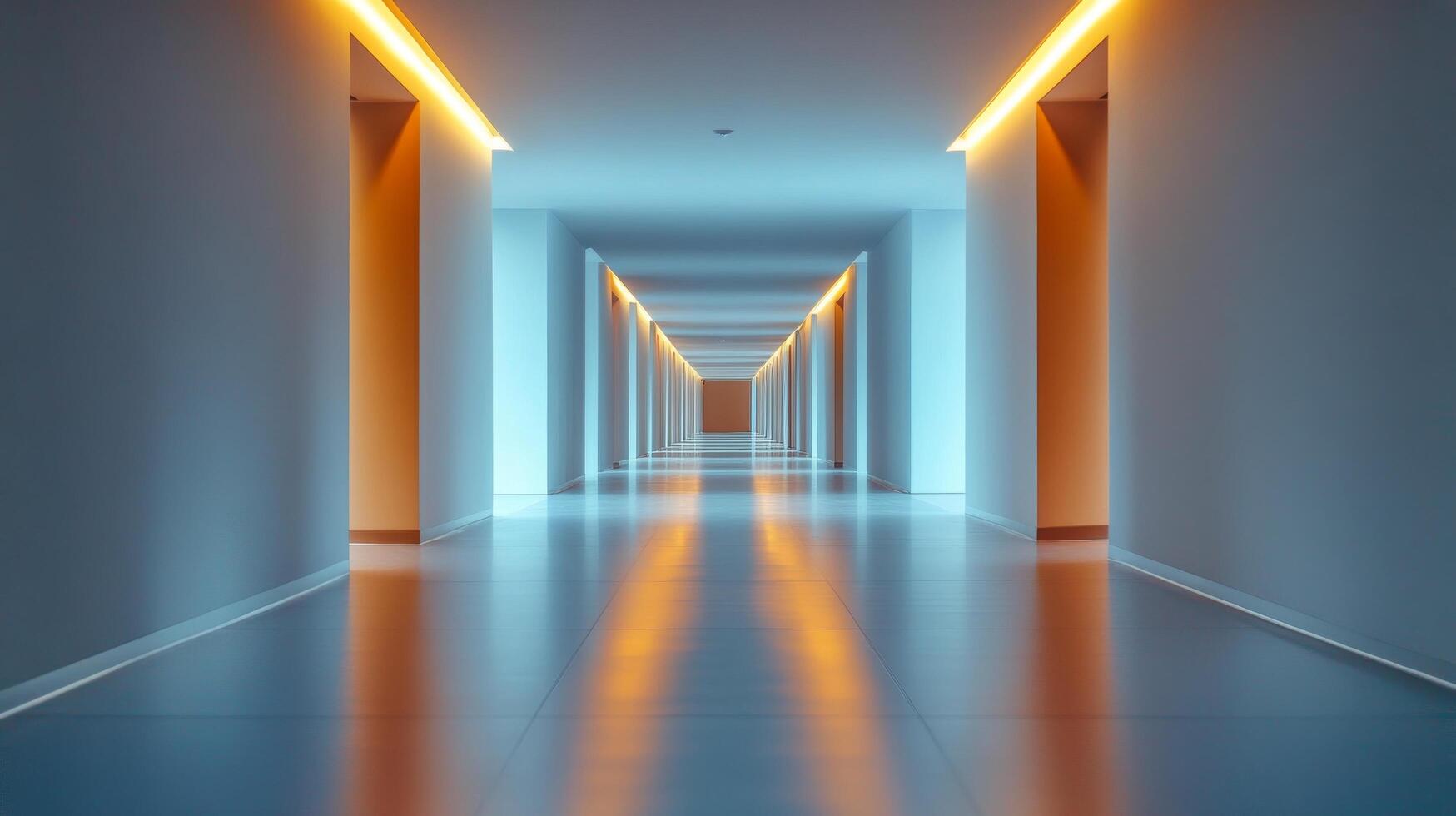 A tranquil corridor illuminated by soft blue lights in a modern building during the early evening photo