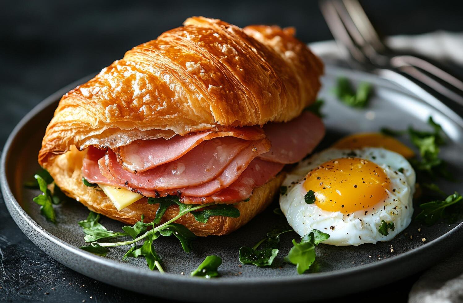 Delicious croissant sandwich with ham and cheese served alongside fried eggs photo