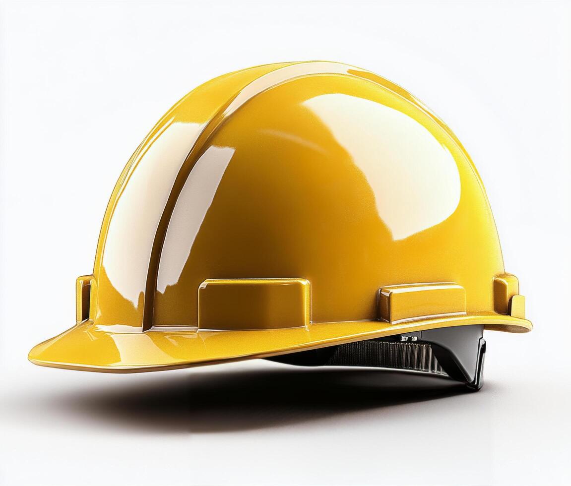 A yellow hard hat resting on a flat surface in a well lit indoor setting photo
