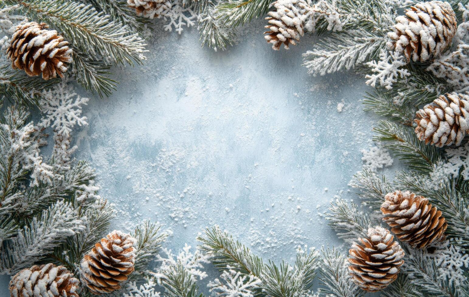 Snow dusted pinecones and evergreen branches create a winter themed border on a white background photo