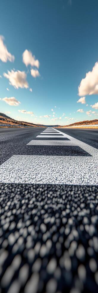 View of a racetracks checkered finish line under a bright blue sky during daytime photo