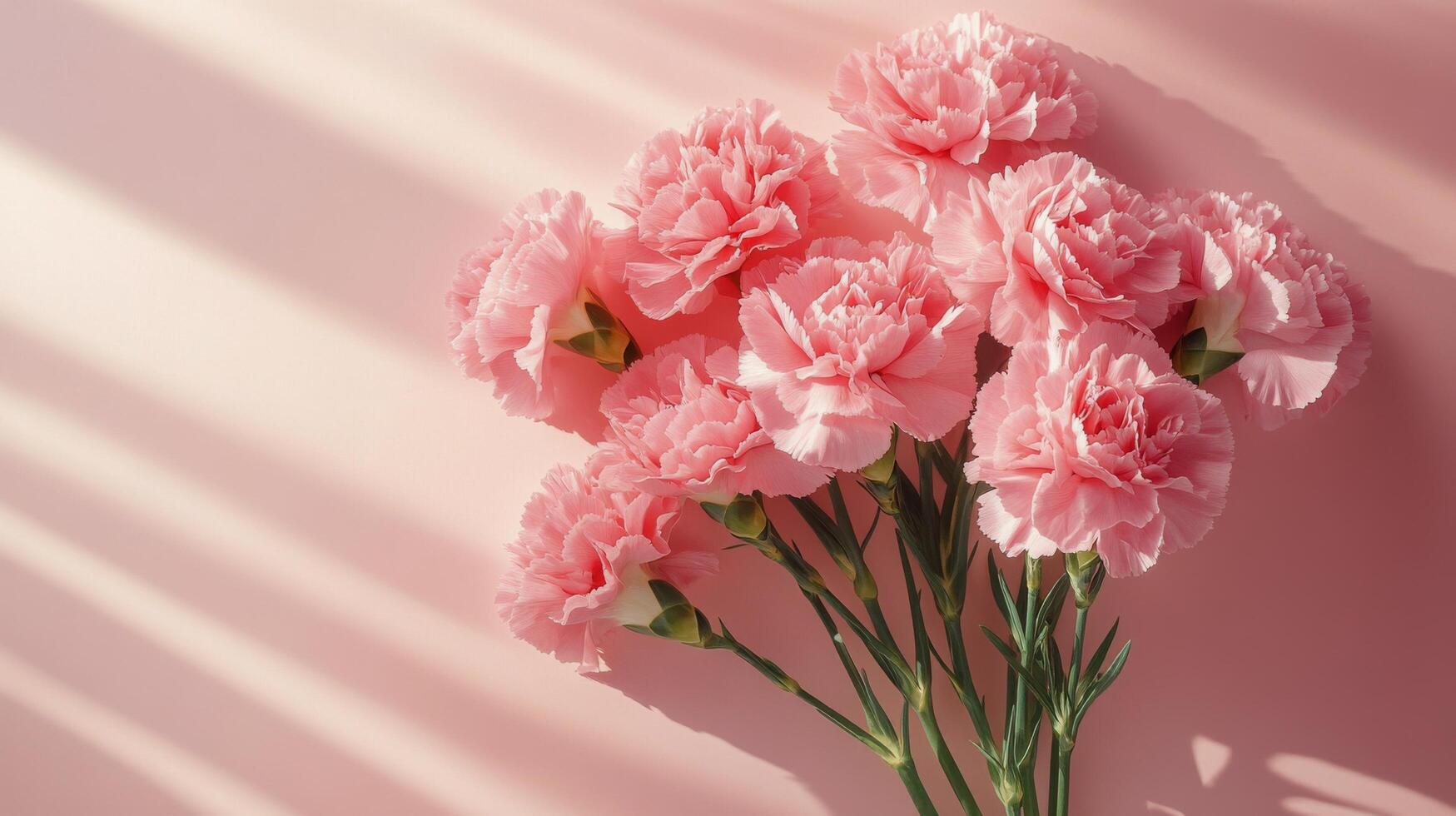 A bouquet of pink carnations against a soft pink background with beautiful shadow patterns photo