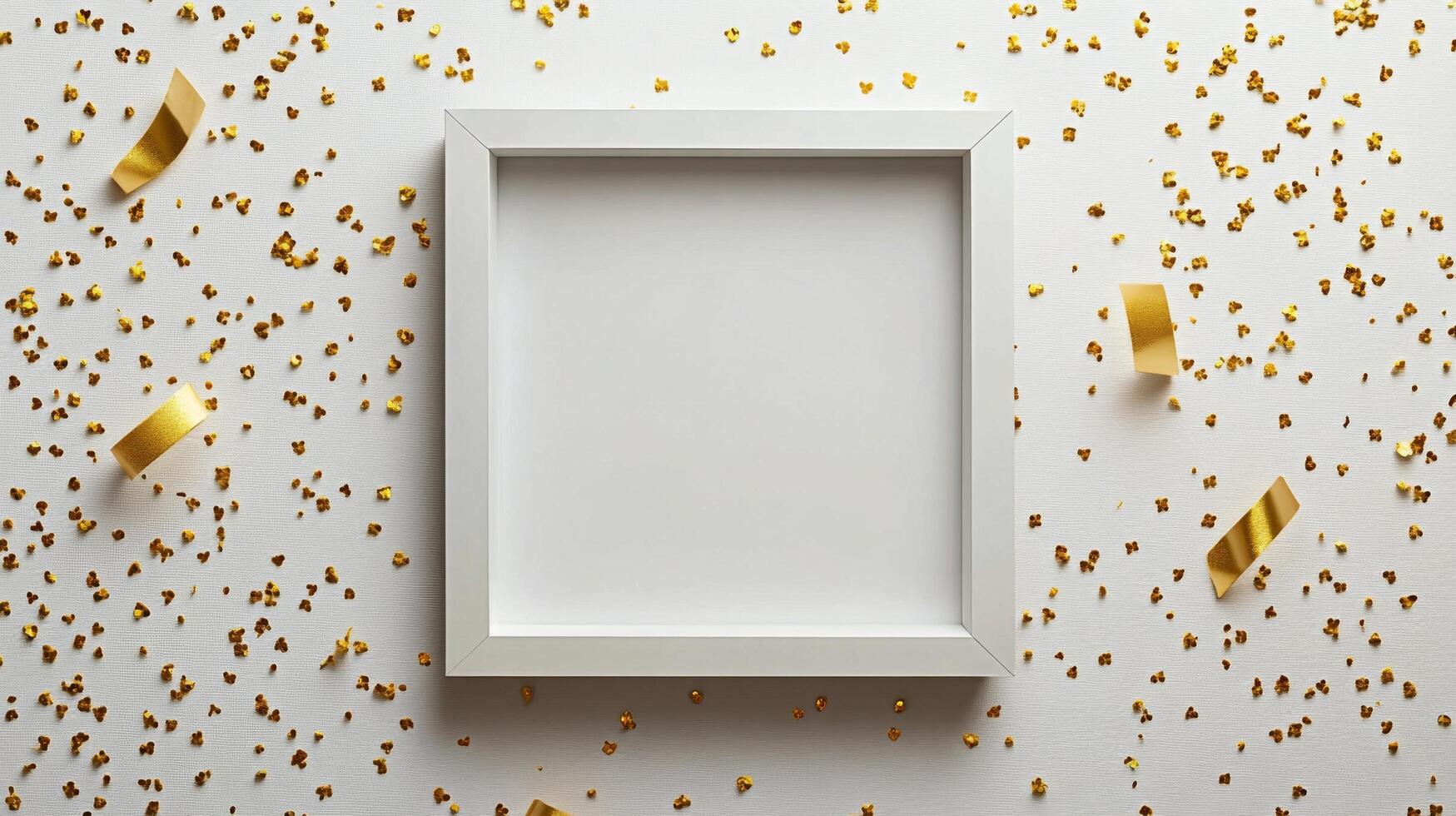 A blank white frame surrounded by gold confetti on a light background during a celebration photo