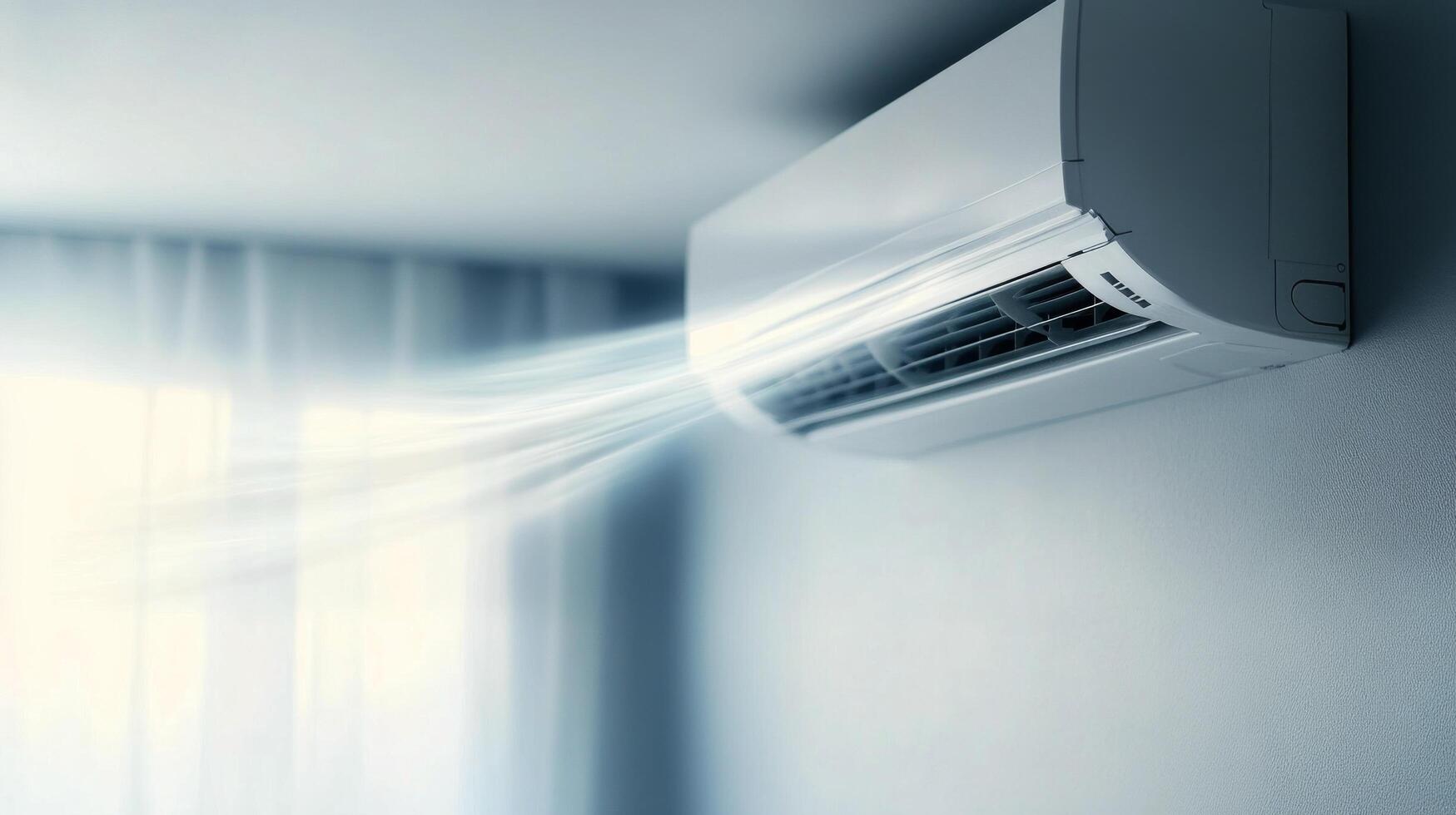 Modern air conditioning unit cooling a room with gentle airflow during a warm evening indoors photo