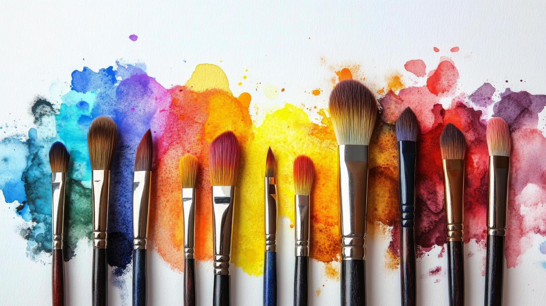 A vibrant array of paintbrushes lined up against a colorful watercolor background photo