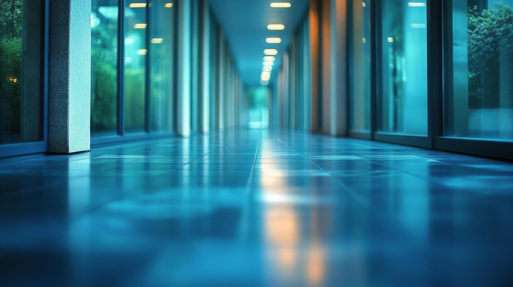 A tranquil corridor illuminated by soft blue lights in a modern building during the early evening photo