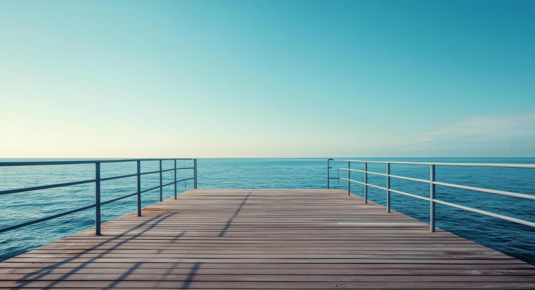 Wooden pier extending over calm blue waters on a clear sunny day photo