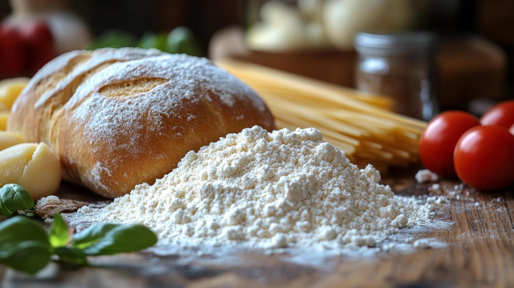 Freshly baked bread and various pasta types arranged on a rustic wooden table with ingredients photo