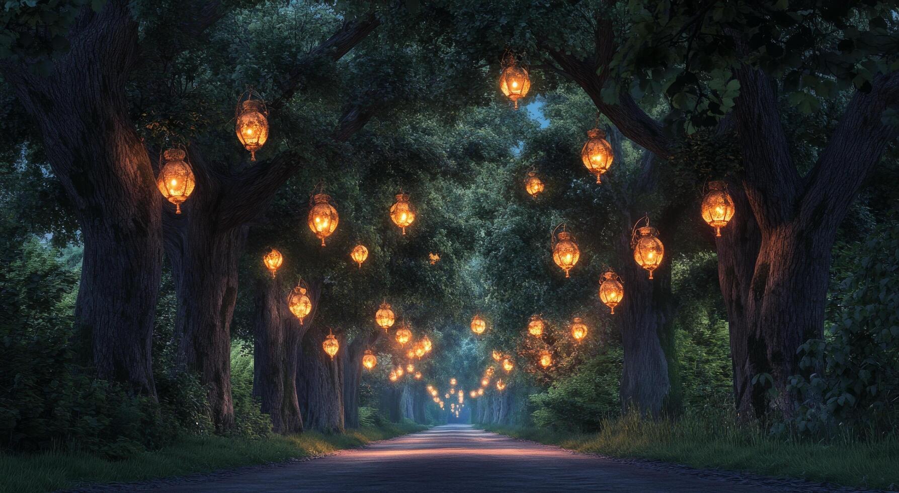 A tranquil evening stroll along a lantern-lit pathway in a serene park during dusk photo