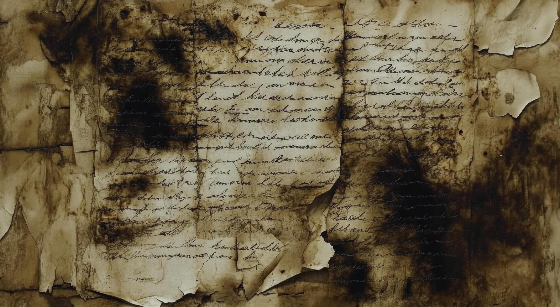 Ancient letter found in ruins, showcasing faded handwriting and charred edges from historical event photo