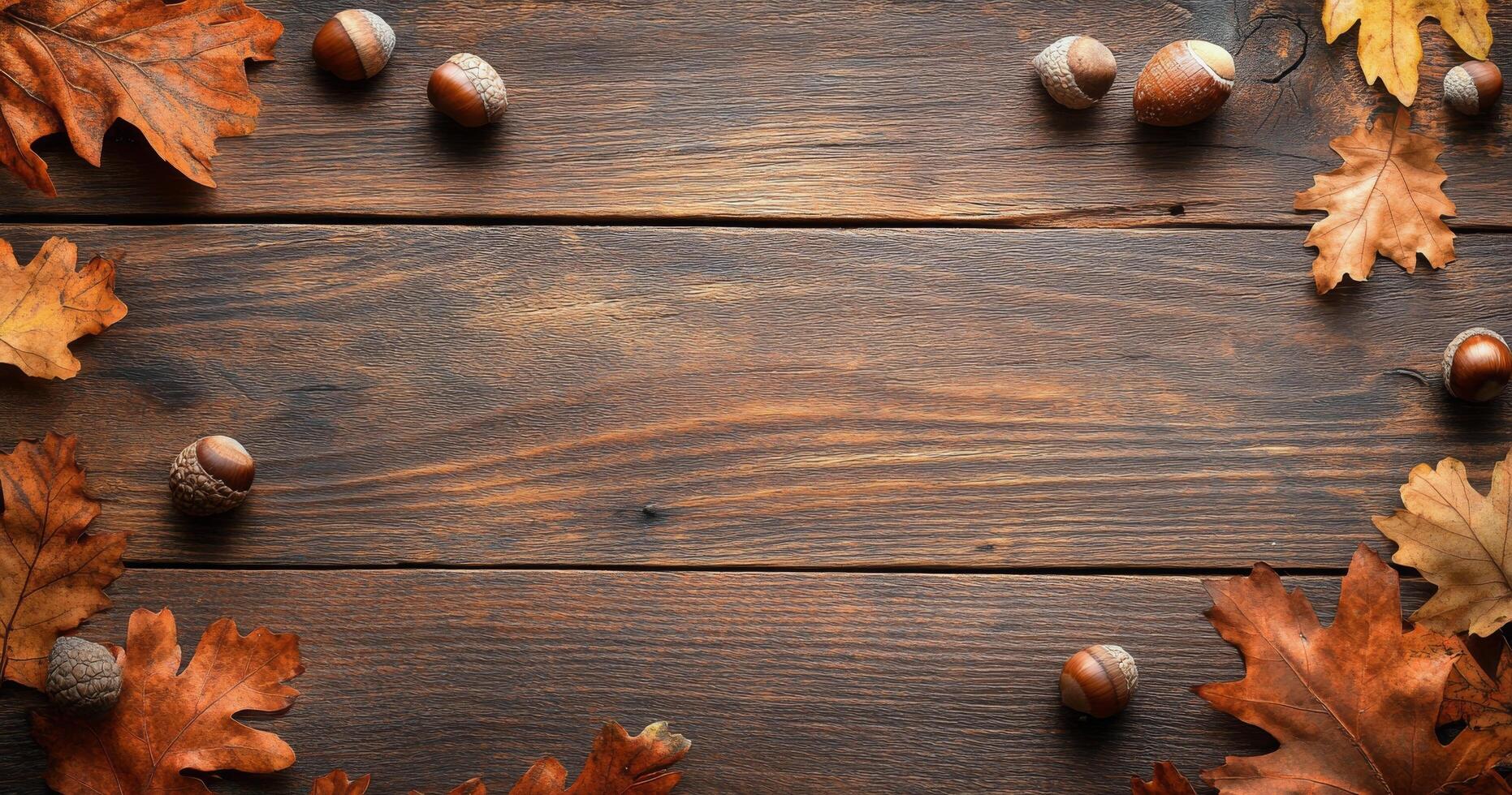 Vibrant autumn leaves and acorns arranged on a rustic wooden table in a warm, inviting setting photo
