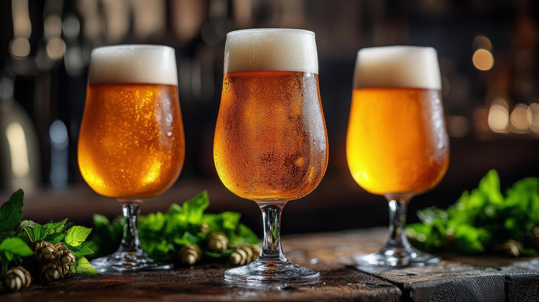 Refreshing craft beer served in elegant glasses with herbs on a rustic wooden table photo